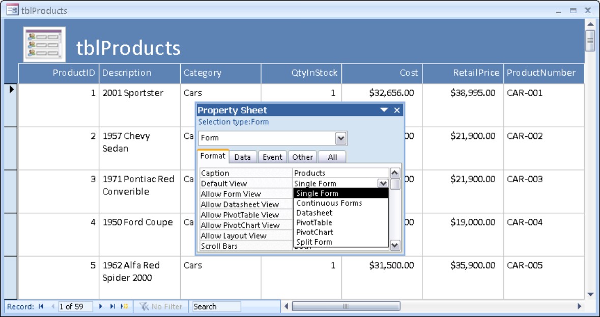 The Continuous Forms setting of the Default View property shows multiple records at once. The Multiple Items form has its Default View set to Continuous Forms.